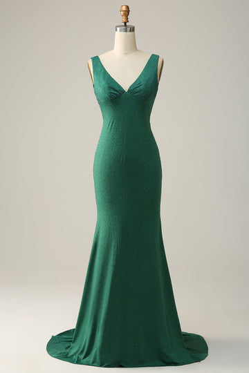 Sirena Cuello en V Verde Vestido de Fiesta con Abalorios